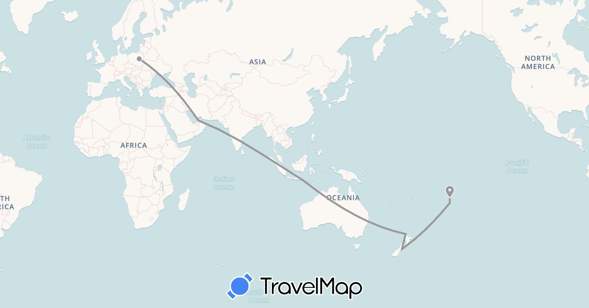 TravelMap itinerary: driving, plane in United Arab Emirates, Cook Islands, Indonesia, New Zealand, Poland (Asia, Europe, Oceania)